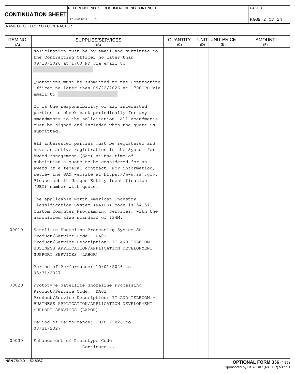 Page 2 of USGS solicitation 140G0326Q0205, with the instruction that all amendments must be signed and included